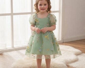 Sage Green Floral Embroidery Tulle Dress | Puff Sleeve Toddler Party Gown