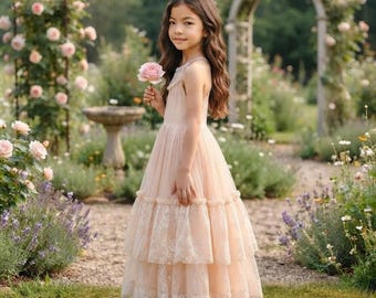Boho Lace Chiffon Flower Girl Dress | Backless Wedding Guest Maxi Dress