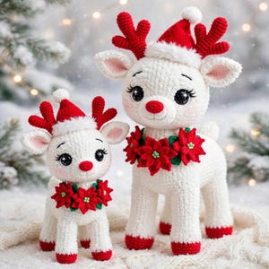 May include: Two white crocheted reindeer dolls with large black eyes, red noses, and red antlers. Each wears a red Santa hat with white trim and a wreath of red poinsettia flowers around the neck. The hooves are red, and the bodies are textured.