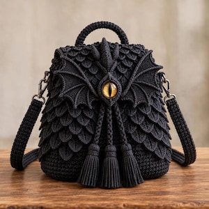 May include: A black crocheted backpack featuring a textured scale pattern, a central yellow dragon eye, and two wing-like side flaps. The bag includes a top handle, adjustable shoulder straps with metal clips, and three decorative tassels hanging from the front.