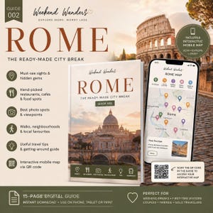 May include: A digital travel guide titled Weekend Wanders ROME The Ready-Made City Break Guide 002, featuring a cover image of St. Peter's Basilica. The guide includes a smartphone displaying an interactive map, a QR code, and icons for sights, food, and tips.