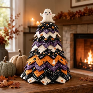 May include: A cone-shaped fabric tree decoration featuring layered, quilted fabric petals in black, orange, purple, and white with Halloween-themed patterns including pumpkins, ghosts, cats, and spiderwebs, topped with a small white ghost figure.