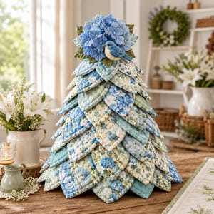 May include: A decorative tabletop tree constructed from layered, quilted fabric petals in shades of blue, green, and white with floral patterns. The top is adorned with a cluster of blue hydrangea blossoms and a small, light blue bird figurine.
