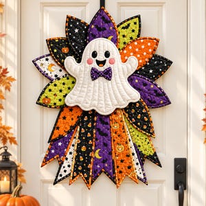 Halloween Ghost Door Hanger, Purple Bow Tie and Colorful Patchwork Style Fall Decor
