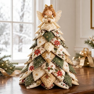 May include: A decorative tabletop Christmas tree figurine featuring a fabric-covered cone shape with layered, quilted triangular panels in shades of cream, dark green, and red. The tree is topped with a small angel figure with gold wings.