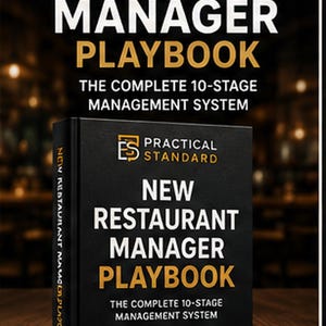 May include: A black book titled New Restaurant Manager Playbook: The Complete 10-Stage Management System. The cover features gold text, the Practical Standard logo, and icons for People, Operations, and Results, with the tagline Control the Chaos, Lead the Standard.