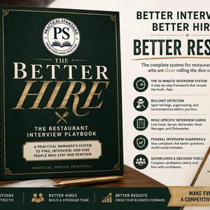 May include: A dark green spiral-bound book titled The Better Hire: The Restaurant Interview Playbook, featuring gold text and a logo. Beside it, a dark blue mug with the same logo, a gold pen, and a clipboard with a checklist of hiring criteria.