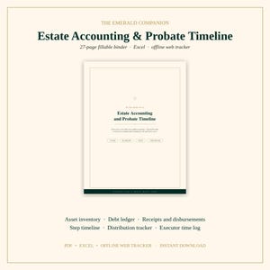 Op de afbeelding: Een digitaal document getiteld Estate Accounting & Probate Timeline, met een invulbare map van 27 pagina's, Excel en een offline webtracker. Bevat activa-inventaris, schuldenregister, ontvangsten, uitgaven en een logboek voor executeurs.