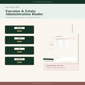 Peut inclure: Un système de documents numériques Executor & Estate Administration Binder avec quatre boutons rectangulaires vert foncé étiquetés Authority, Assets, Tax et Distribution, ainsi que des pages de formulaire Tax Coordination Overview.