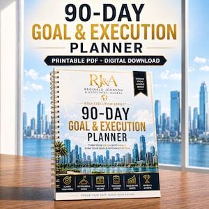 May include: A spiral-bound 90-Day Goal & Execution Planner with a white cover featuring a city skyline, gold text, and icons for clarifying vision, setting goals, planning, taking action, building habits, and reviewing progress.