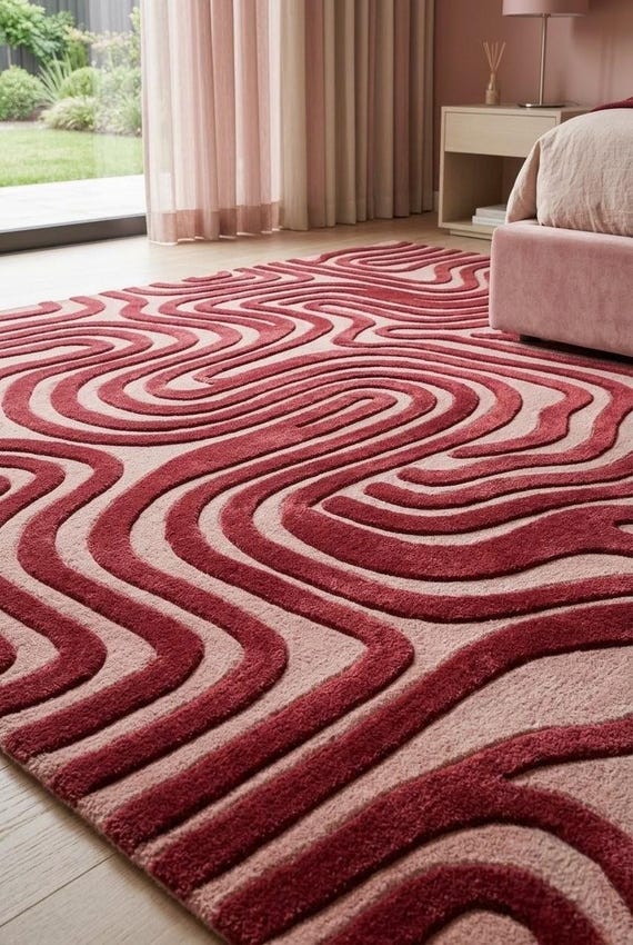 Hand Tufted Wool Silk Area Rug: 3D Wavy Labyrinth Pattern, Modern Living Room Carpet