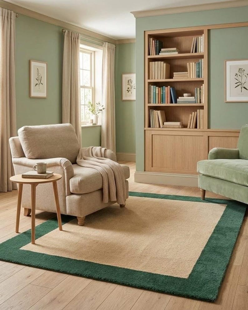 Puede incluir: Una alfombra rectangular que presenta un gran panel central de color beige enmarcado por un borde ancho de color verde oscuro. La alfombra se coloca sobre un suelo de madera clara en una habitaci&oacute;n con paredes verde salvia y una estanter&iacute;a.