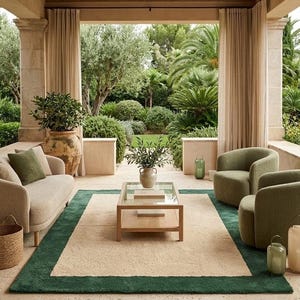 Puede incluir: Un conjunto de sala de estar con un sof&aacute; beige con un coj&iacute;n verde, dos sillones verdes y una mesa de centro rectangular de madera con tapa de cristal. Una alfombra rectangular grande con centro beige y borde verde oscuro en el suelo.