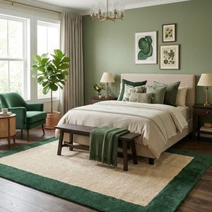 Puede incluir: Un dormitorio con una cama tapizada en beige con cojines verdes y crema, un banco de madera oscura con una manta verde, un sill&oacute;n verde, una alfombra beige con borde verde oscuro y una l&aacute;mpara de ara&ntilde;a en una habitaci&oacute;n con paredes verde salvia.