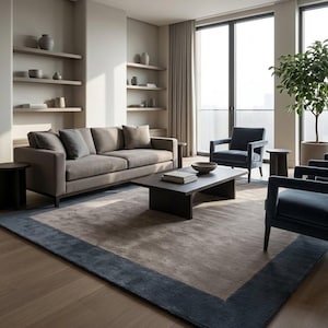 Puede incluir: Una sala de estar con un sofá beige con cojines grises, una mesa de centro de madera oscura y dos sillones azul oscuro. Una alfombra grande con borde azul oscuro se encuentra sobre un suelo de madera clara. Estantes integrados muestran varios jarrones.