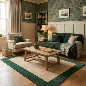 Puede incluir: Una sala de estar con un sof&aacute; verde oscuro con cojines beige y verdes, un sill&oacute;n beige, una mesa de centro de madera con un jarr&oacute;n verde, una estanter&iacute;a verde y una alfombra rectangular con un centro beige y un borde verde oscuro.