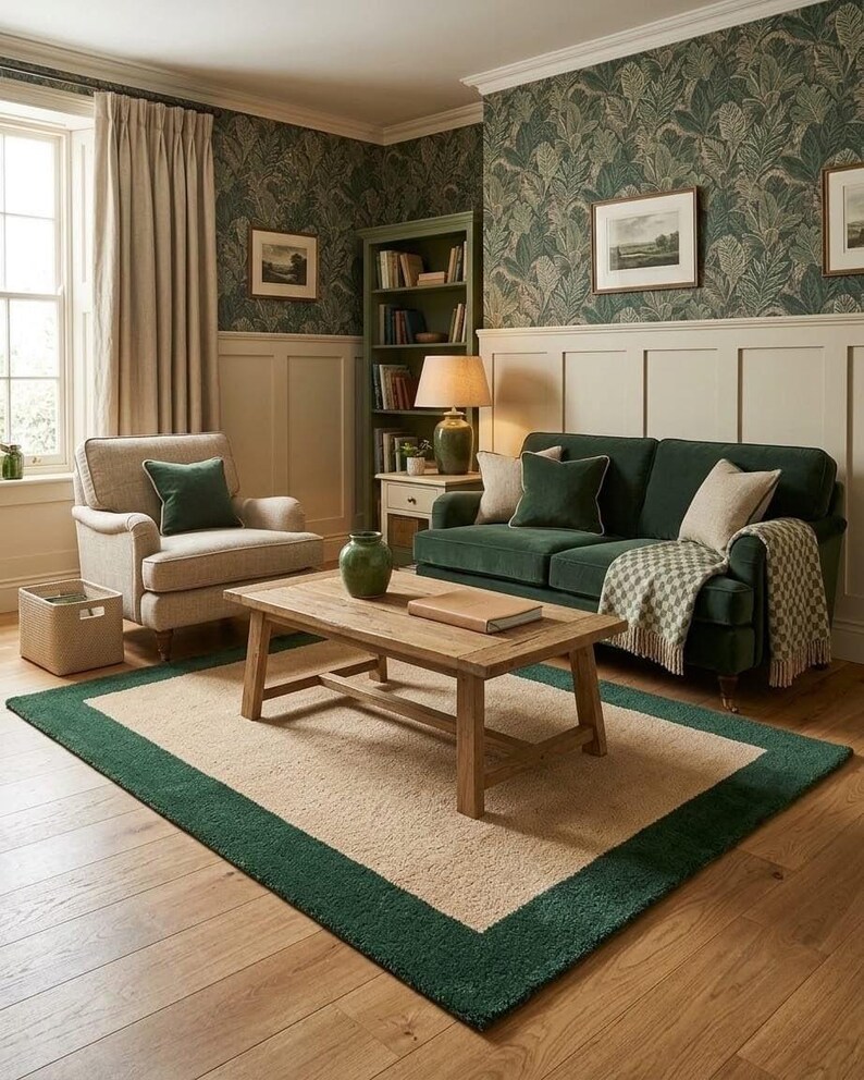 Puede incluir: Una sala de estar con un sof&aacute; verde oscuro con cojines beige y verdes, un sill&oacute;n beige, una mesa de centro de madera con un jarr&oacute;n verde, una estanter&iacute;a verde y una alfombra rectangular con un centro beige y un borde verde oscuro.