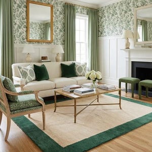 Puede incluir: Una sala de estar con un sof&aacute; color crema con cojines verdes y estampados, una mesa de centro de madera, un sill&oacute;n verde estampado y una alfombra con borde verde. Las paredes tienen paneles blancos y papel tapiz floral verde con espejos dorados.