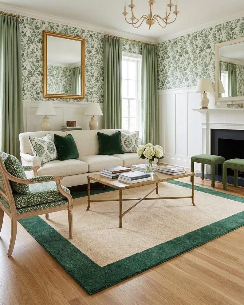 Puede incluir: Una sala de estar con un sof&aacute; color crema con cojines verdes y estampados, una mesa de centro de madera, un sill&oacute;n verde estampado y una alfombra con borde verde. Las paredes tienen paneles blancos y papel tapiz floral verde con espejos dorados.