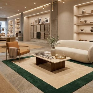 Puede incluir: Un sof&aacute; curvo de color crema, un sill&oacute;n de cuero color canela con una manta drapeada y una mesa de centro rectangular con tapa de piedra y base de madera oscura. Una alfombra con borde verde sobre un suelo de piedra en una habitaci&oacute;n.