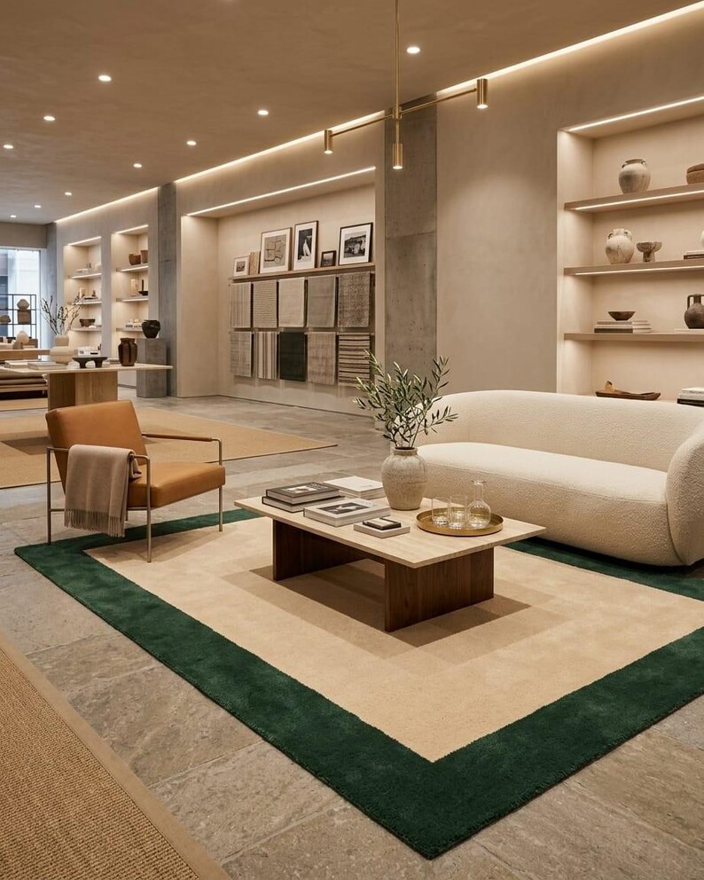 Puede incluir: Un sof&aacute; curvo de color crema, un sill&oacute;n de cuero color canela con una manta drapeada y una mesa de centro rectangular con tapa de piedra y base de madera oscura. Una alfombra con borde verde sobre un suelo de piedra en una habitaci&oacute;n.