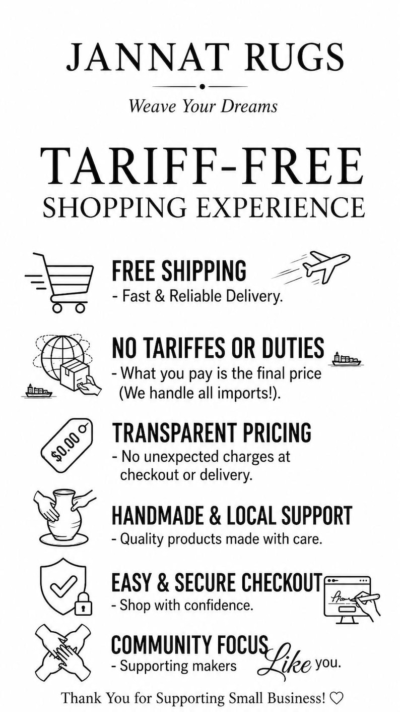 Puede incluir: Un gr&aacute;fico informativo en blanco y negro para Jannat Rugs titulado Weave Your Dreams. Enumera beneficios como compras sin aranceles, env&iacute;o gratuito, sin impuestos, precios transparentes, productos hechos a mano y apoyo local.