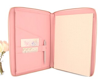 MONARCH A4 Leather Compendium, Multiple Pockets, Zip Closure- Pale Pink