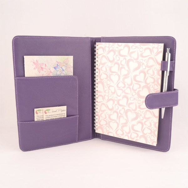 ONE ONLY! Purple A5 Leather Side Opening Note Book Holder. Personalized, 2 inside pockets, buckle & recycled Cocoa Paper note book.