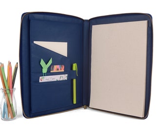 MONARCH A4 Leather Compendium, Multiple Pockets, Zip Closure- Blue
