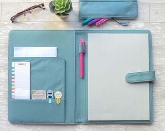 Sky Blue A4 Leather PadFolio / Portfolio / Pad Holder with 2 inside pockets.