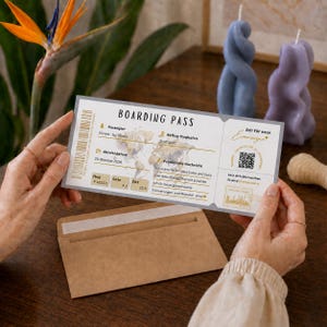 Könnte beinhalten: Eine rechteckige Bordkarte auf weißem Papier mit einer Weltkarte als Hintergrund. Der Text umfasst BOARDING PASS, Passagier Vivien, Abflug Flughafen Stuttgart, Abreisedatum 20 Oktober 2026, Flug P 483321, Gate A3, Sitz 20 A sowie einen QR-Code.