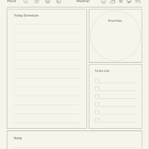 以下が含まれることがあります： 上部に「DAILY Planner」と書かれたベージュ色のデイリープランナーページ。日付、気分、天気、横線付きの今日のスケジュール、円形の優先事項エリア、チェックボックス付きのToDoリスト、メモ欄で構成されています。