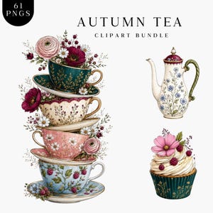 Puede incluir: Un paquete de imágenes digitales titulado AUTUMN TEA que presenta una pila de cuatro tazas de té florales sobre platillos, una tetera decorativa con patrones florales azules y un cupcake cubierto con flores rosas y bayas, ilustrado.