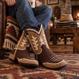 May include: A pair of handmade crochet cowboy boots featuring a two-tone design with dark brown yarn for the foot and heel, and a lighter tan yarn for the shaft. The boots display intricate stitch patterns and a classic pointed toe silhouette.