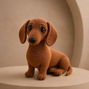 Puede incluir: Una figura de perro salchicha hecha de hilo de ganchillo. El animal de peluche presenta un cuerpo largo, patas cortas, orejas caídas y ojos grandes de plástico oscuro y brillante. El hocico tiene una pequeña nariz negra texturizada.