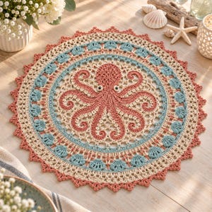 Op de afbeelding: Een rond, gehaakt kleedje met een centraal roze octopusmotief, omringd door concentrische ringen van crèmekleurig kant, lichtblauwe schelppatronen en een geschulpte, oudroze rand met ingewikkelde, opengewerkte steken.