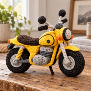 Gul motorcykelvirkmönster PDF, realistisk amigurumi-motorcykelleksakshandledning