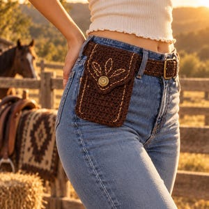 Puede incluir: Una riñonera de ganchillo marrón oscuro con cierre de solapa, que presenta un botón metálico decorativo y costuras de color claro. La bolsa está unida a un cinturón de ganchillo marrón oscuro a juego con una hebilla metálica, sobre vaqueros azules.