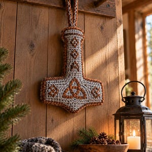 Könnte beinhalten: Ein gehäkelter Wandbehang in Form eines Mjolnir-Hammers, bestehend aus einer hellgrauen Basis mit dunkelbraunen Garnverzierungen. Das Design zeigt einen zentralen Triquetra-Knoten sowie geometrische Muster und eine geflochtene Aufhängeschlaufe.