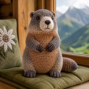 May include: A crochet stuffed animal shaped like a groundhog with dark brown fur on the head and back, a lighter tan belly, and a cream-colored muzzle. The plush toy features small black eyes, a black stitched nose, and a thick, rounded tail.