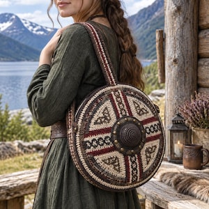 Puede incluir: Un bolso de hombro redondo tejido a ganchillo con un patrón geométrico en tonos marrón oscuro, crema y rojo intenso. El bolso presenta un elemento circular central elevado decorado con pequeños remaches metálicos y una correa ancha superior.