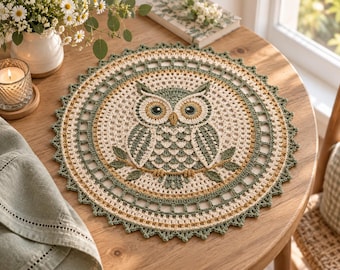 May include: A circular crochet doily featuring a central owl motif perched on a branch. The design incorporates cream, sage green, and mustard yellow yarn in a detailed stitch pattern with a scalloped edge and intricate openwork border details.