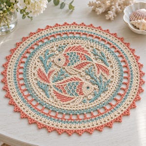May include: A round crochet doily featuring a central design of two fish swimming in opposite directions, surrounded by aquatic plant motifs. The piece is crafted in cream, coral, and teal yarn with a scalloped edge and intricate openwork details.