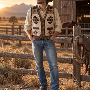 Könnte beinhalten: Ein brauner Cowboyhut, ein beiges langärmeliges Hemd mit Knopfleiste, eine cremefarbene und braune gehäkelte Weste mit geometrischen Mustern und eine blaue Jeans. Die Weste hat einen V-Ausschnitt, eine Knopfleiste und zwei Vordertaschen.
