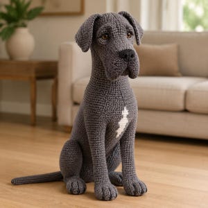 Puede incluir: Una figura de perro tejida a ganchillo en color gris con orejas caídas, nariz negra y ojos marrones. El perro está sentado en posición erguida y presenta una pequeña mancha de hilo blanco en forma de rayo en el pecho, hecha con punto texturizado.