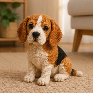 May include: A crocheted beagle puppy figurine featuring a tricolor pattern of brown, white, and black yarn. The stuffed animal has large dark eyes, a black nose, and floppy ears, sitting in an upright position with a textured, hand-stitched appearance.