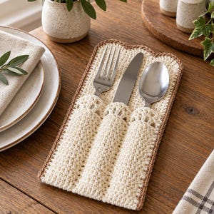 May include: A rectangular cream-colored crochet cutlery holder with a brown border, featuring three individual vertical pockets. Inside the pockets are a stainless steel fork, a dinner knife, and a spoon, all arranged side by side.