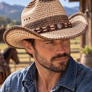 May include: A woven straw cowboy hat featuring alternating bands of cream and dark brown colours. The hat includes a braided dark brown and cream hatband accented with a central silver-toned circular concho ornament on the front crown.