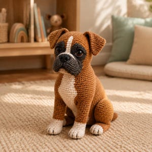 Pode incluir: Um animal de pelúcia feito em crochê com formato de cão boxer. O brinquedo apresenta um corpo marrom com peito e patas brancas. Possui um focinho cinza escuro, nariz preto e grandes olhos castanhos escuros. As orelhas são caídas e triangulares.
