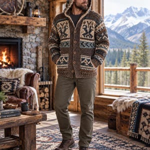 May include: A chunky knit hooded cardigan featuring a brown, cream, and blue geometric pattern, long sleeves, and a button-front closure. The garment is paired with olive green trousers and brown leather boots, creating a layered ensemble.